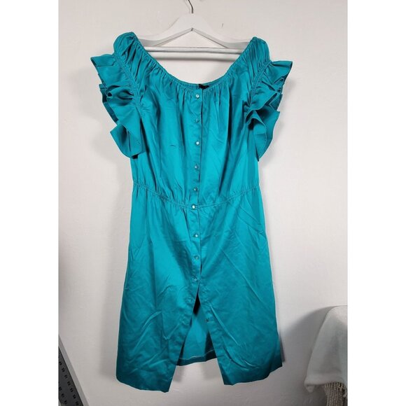 Escada Womens Teal Off-Shoulder Ruffle Sleeve Shirt Dress 42 Button Front Casual - Picture 1 of 9